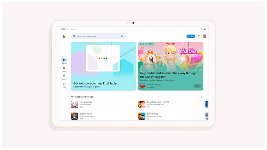 Um tablet na horizontal com a nova Play Store aberta