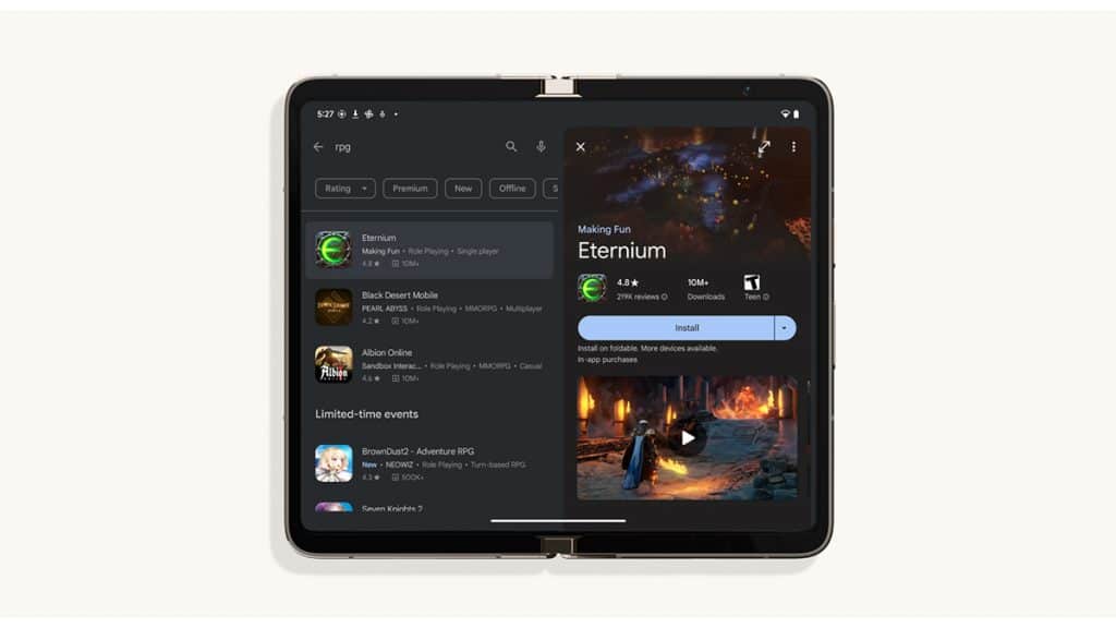 Um tablet na horizontal com a nova Play Store aberta
