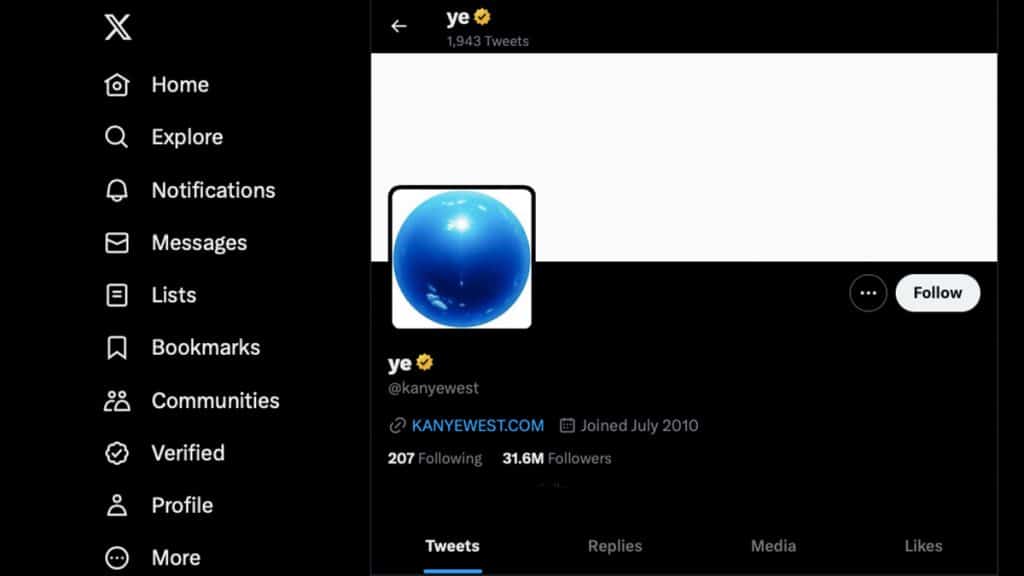 Captura de tela da página de Kanye West no Twitter