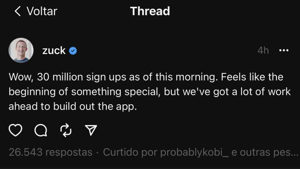 Zuckerberg comemora os 30 milhões de usuários (Imagem: reprodução/Threads)