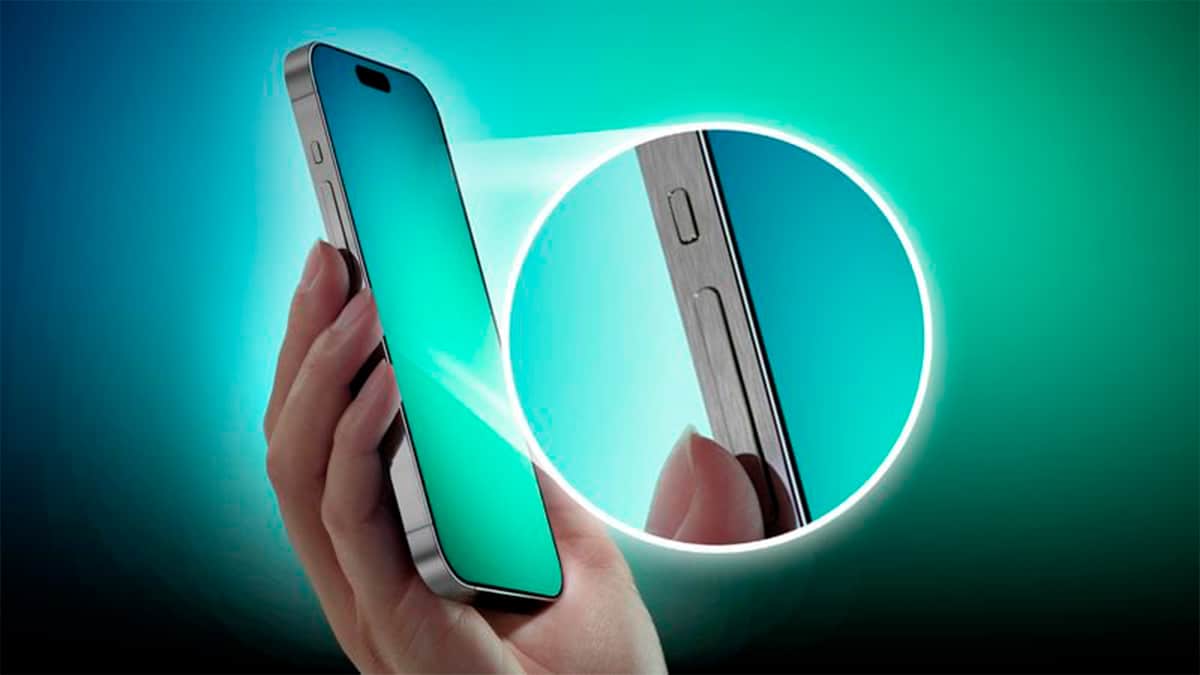 Montagem com destaque ao possível novo botão do iPhone 15 Pro