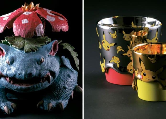 Montagem com obras de Pokémon feitas com técnicas tradicionais de artesanato japonês