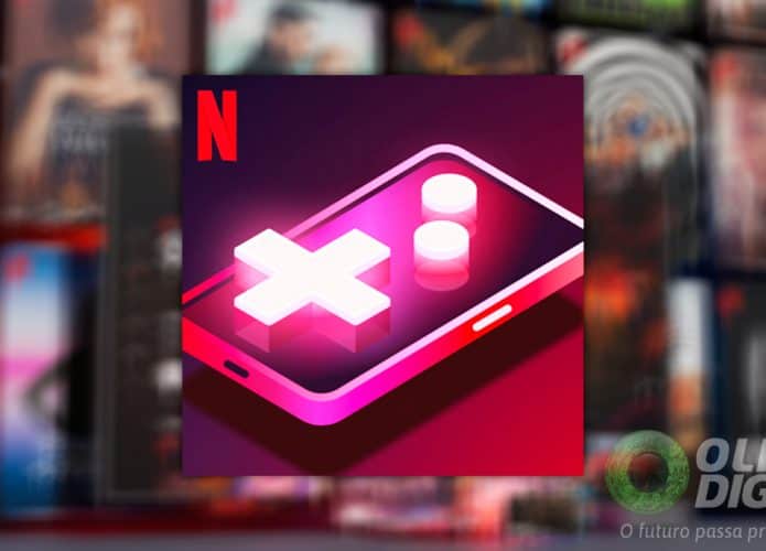 Ícone do aplicativo Netflix Game Controller sobre imagem de pôsteres de produções do serviço de streaming