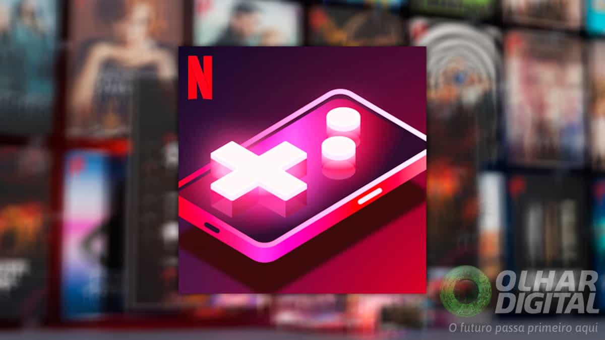 Ícone do aplicativo Netflix Game Controller sobre imagem de pôsteres de produções do serviço de streaming