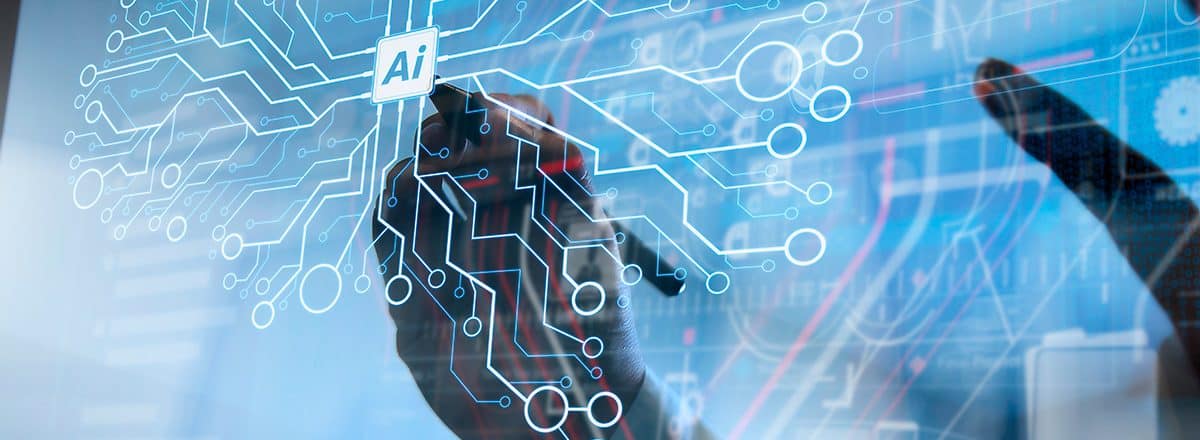 Montagem de pessoa escrevendo sobre desenho de inteligência artificial (IA)