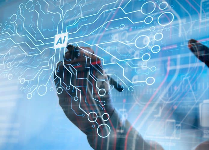 Montagem de pessoa escrevendo sobre desenho de inteligência artificial (IA)