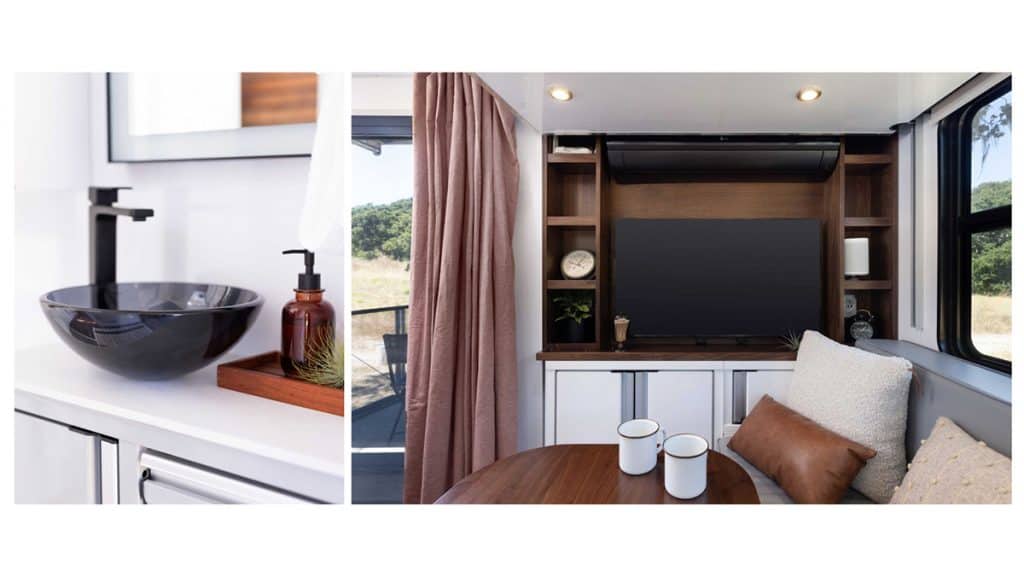 Montagem de imagens da sala e banheiro do trailer elétrico HD30, da Living Vehicle