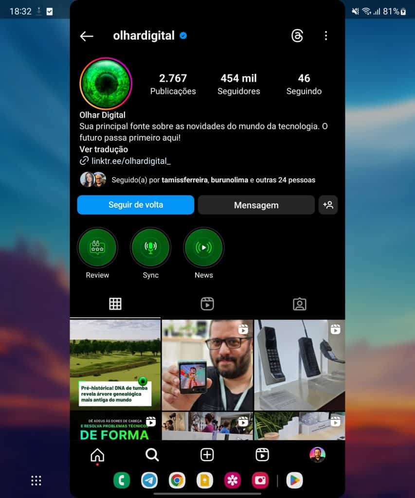 Instagram aparece assim no Galaxy Z Fold 4 (Imagem: reprodução/Olhar Digital)