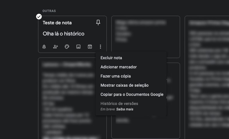 Histórico de alterações no Google Keep (Imagem: reprodução/Olhar Digital)