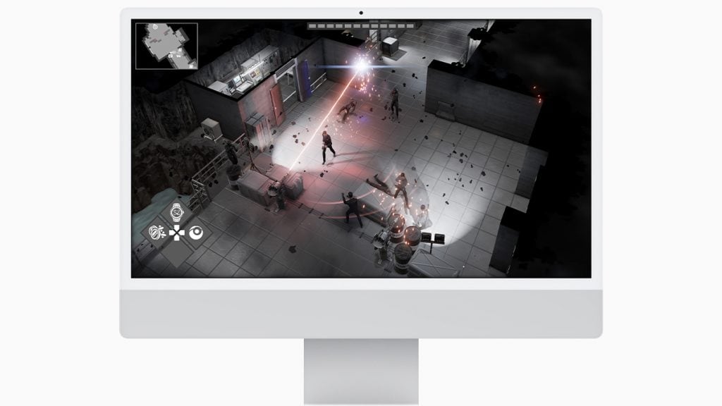 Montagem com tela do jogo Cypher 007 no Apple Arcade