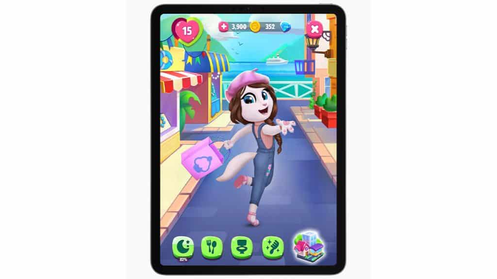 Montagem com tela do jogo My Talking Angela 2+ no Apple Arcade