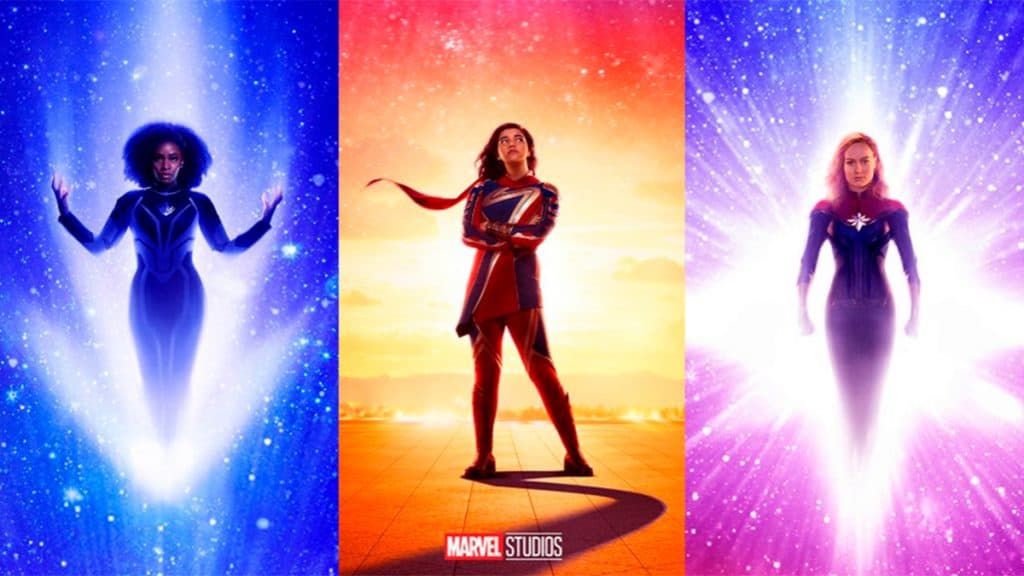 Montagem com pôsteres de As Marvels