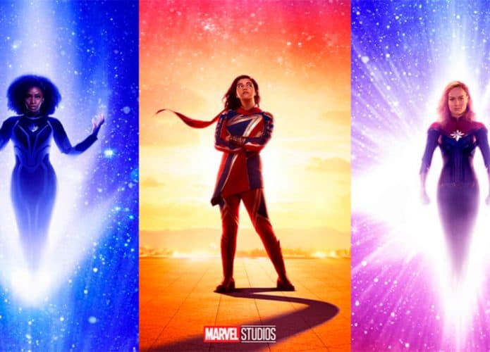 Montagem com pôsteres de As Marvels