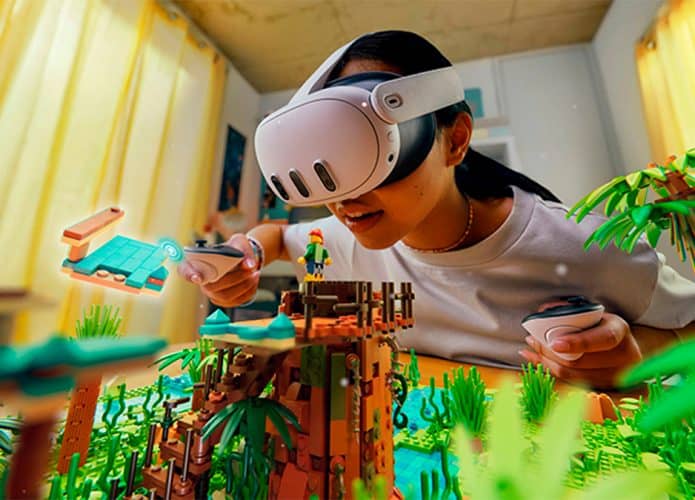 Montagem de menina usando Quest 3, o novo headset da Meta