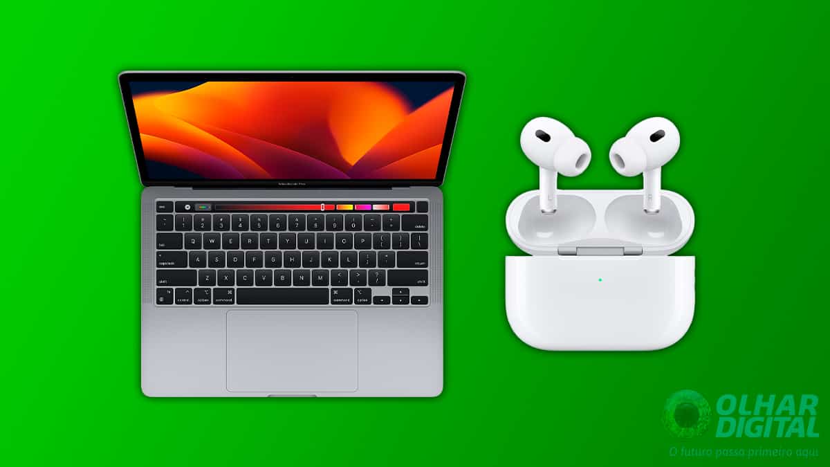 Montagem com MacBook Pro e AirPods da Apple em promoção na Amazon