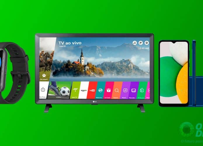 Montagem com smartwatch da Huawei, monitor smart da LG e celular da Samsung
