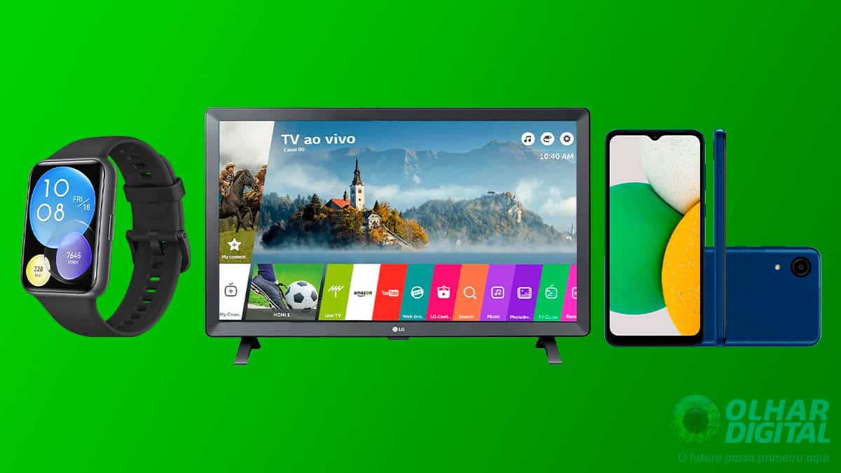 Montagem com smartwatch da Huawei, monitor smart da LG e celular da Samsung