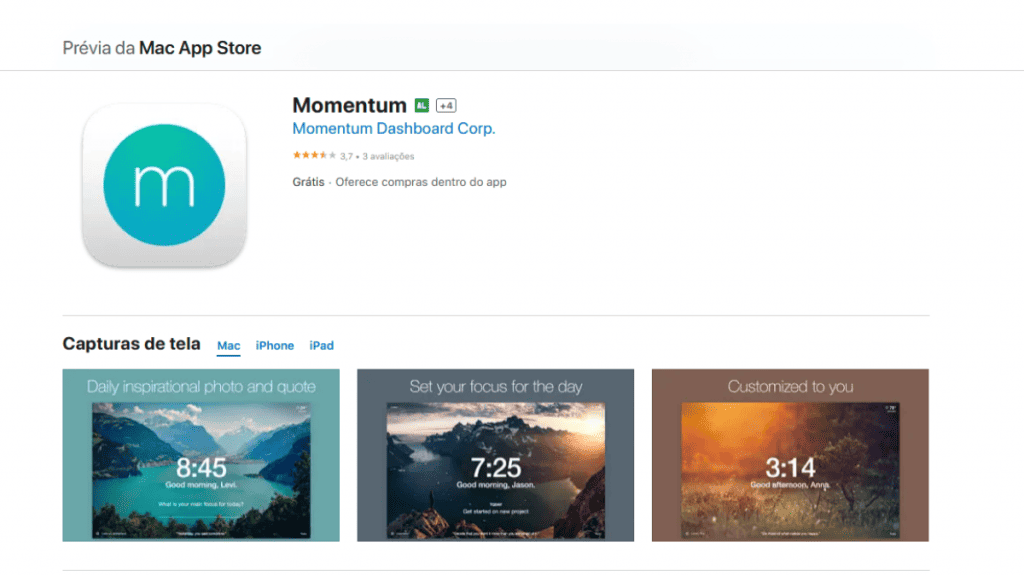 Momentum na Mac App Store, também disponível para iPhone e iPad