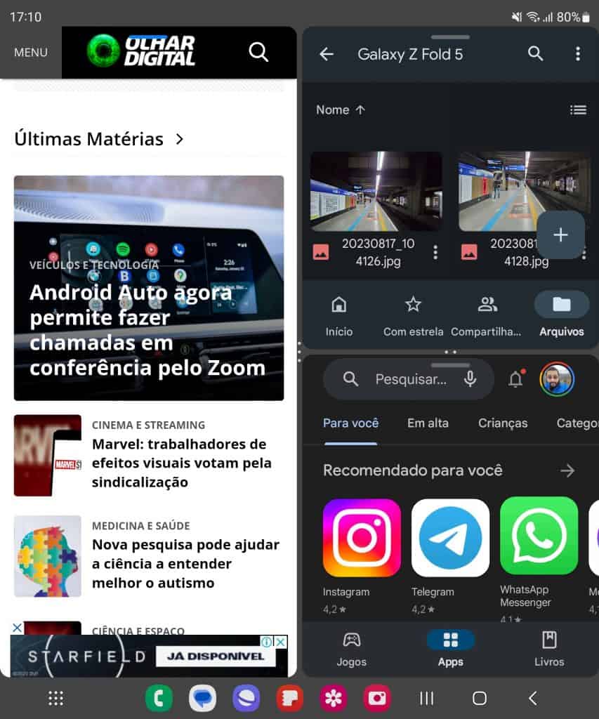 OneUi 5.1.1 com três apps abertos ao mesmo tempo (Imagem: reprodução/Olhar Digital)