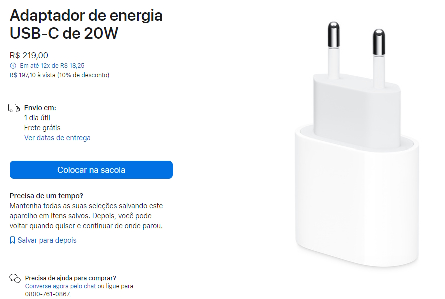 Carregador de tomada da Apple com conector USB-C.