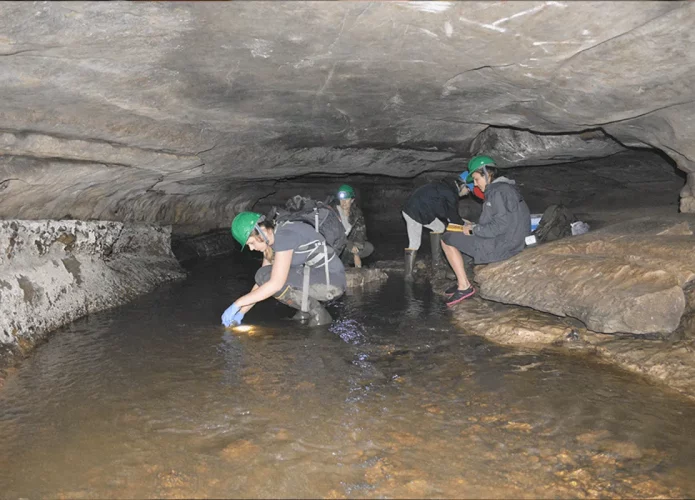 Estudantes recolhendo amostras na caverna Cliff para analisar a quantidade de microplásticos no local