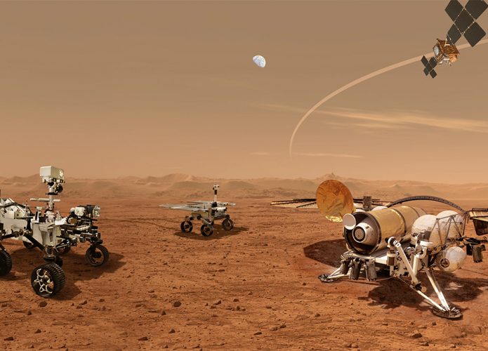 Ilustração dos principais componentes robóticos da missão Mars Sample Return