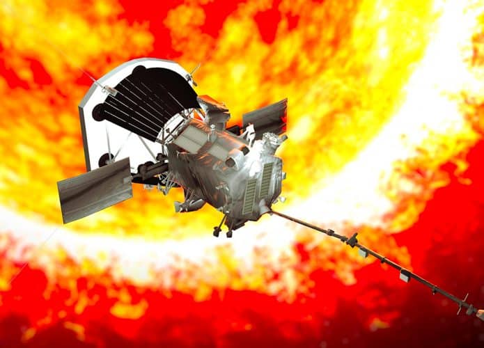 Representação artística da sonda solar Parker perto do Sol