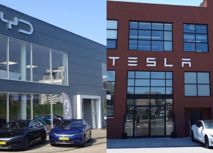 Fachadas de prédios da BYD e Tesla