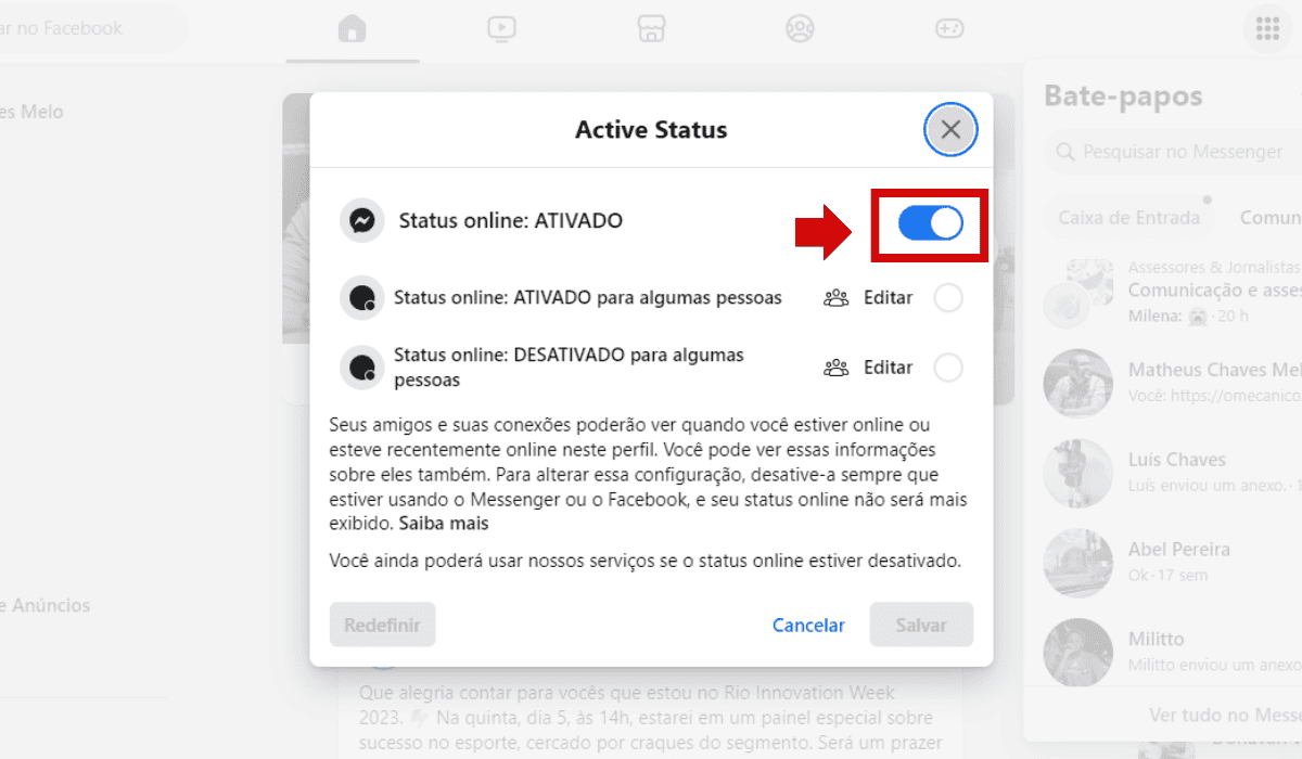 Passo a passo desativar status online