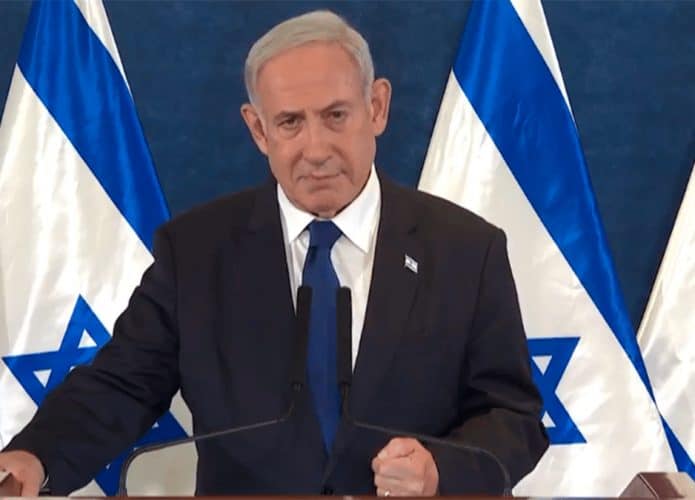 Primeiro-ministro Benjamin Netanyahu durante comunicado sobre guerra entre Israel e Hamas