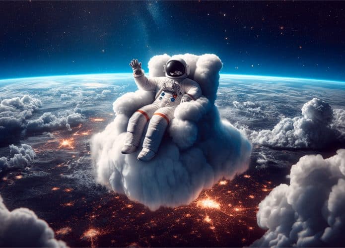 Ilustração feira no DALL-E de astronauta acenando sentado em nuvem sobre a Terra