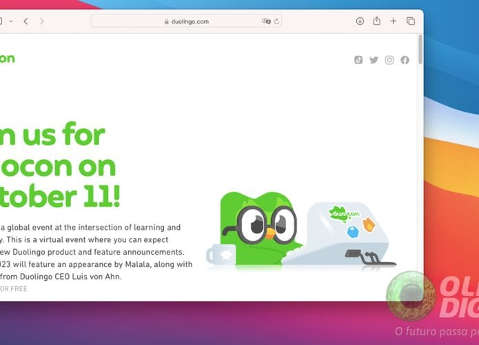 Captura de tela da página do Duocon 2023 no site do Duolingo