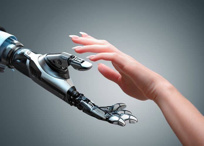 Ilustração de mão humana quase tocando mão robótica de inteligência artificial