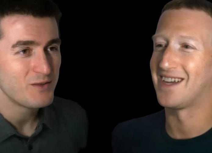 Captura de tela de avatares da Meta de Lex Fridman e Mark Zuckerberg durante entrevista em realidade virtual