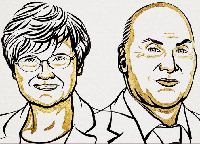 Ilustração da bioquímica Katalin Karikó e o médico Drew Weissman, vencedores do Nobel de Medicina de 2023