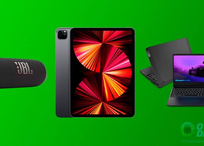 Montagem com caixinha JBL, iPad Pro e notebook gamer da Lenovo em promoção na Amazon
