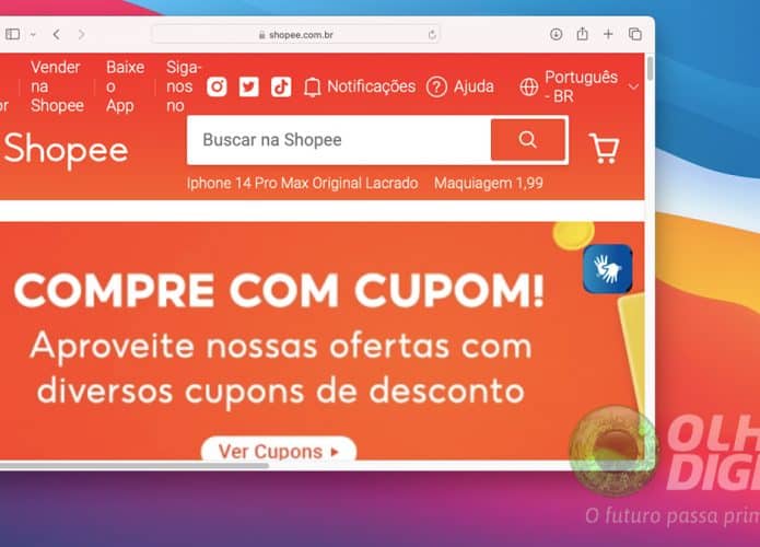 Captura de tela da página inicial da Shopee aberta no navegador Safari num Mac