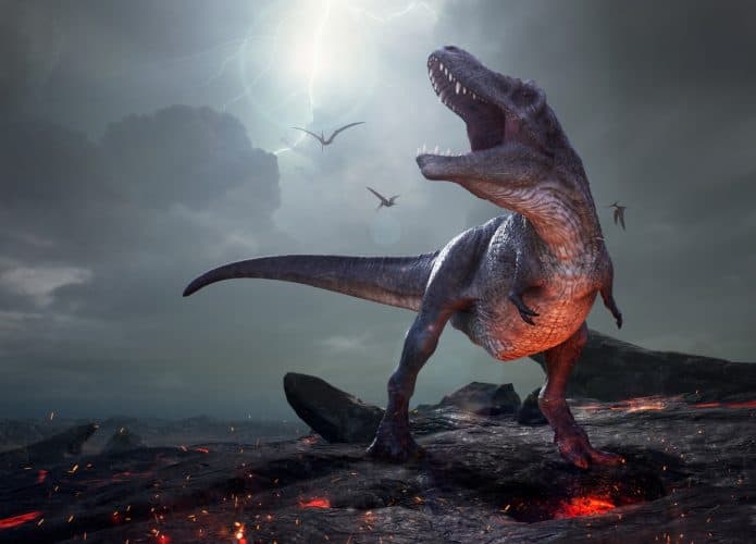 Dinossauro sob a luz do luar urrando