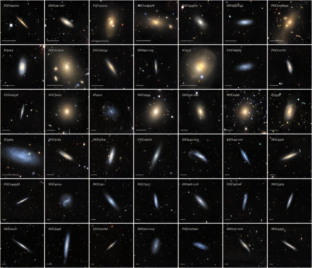 Mosaico contendo 42 das quase 400 mil galaxias catalogadas no Siena Galaxy Atlas (SGA)