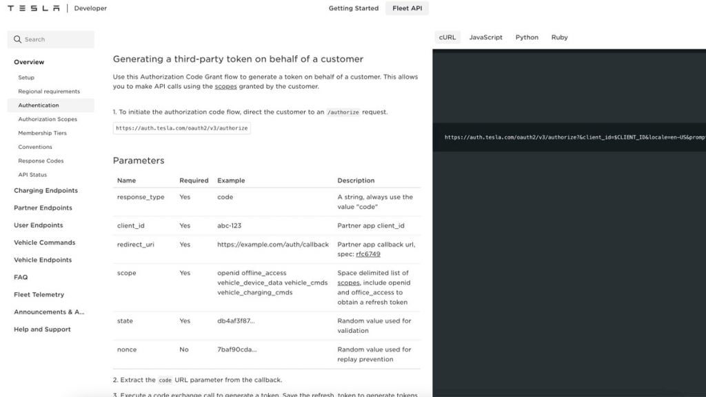 Captura de tela da nova documentação da Tesla para API para aplicativos de terceiros