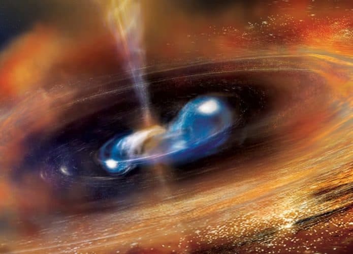 Ilustração artística colisão de estrelas de nêutrons (Crédito: A. Simonnet (Sonoma State University) e Goddard Space Flight Center da NASA)