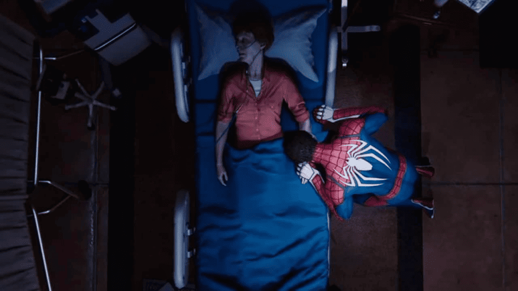 Peter chorando segurando a mão de tia may no jogo Spider-Man