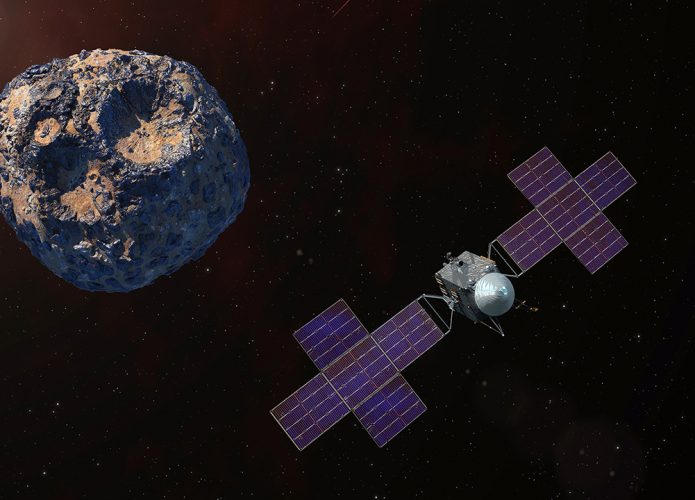 Representação artística da sonda Psyche, da NASA, na órbita do asteroide 16 Psyche