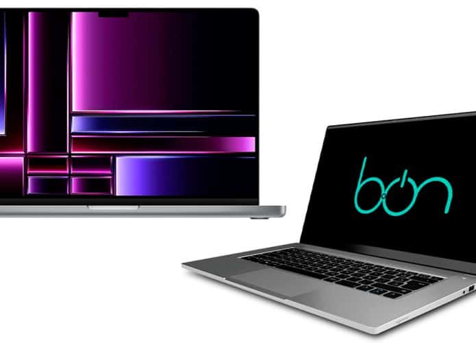 Montagem com MacBook e notebook da Dell