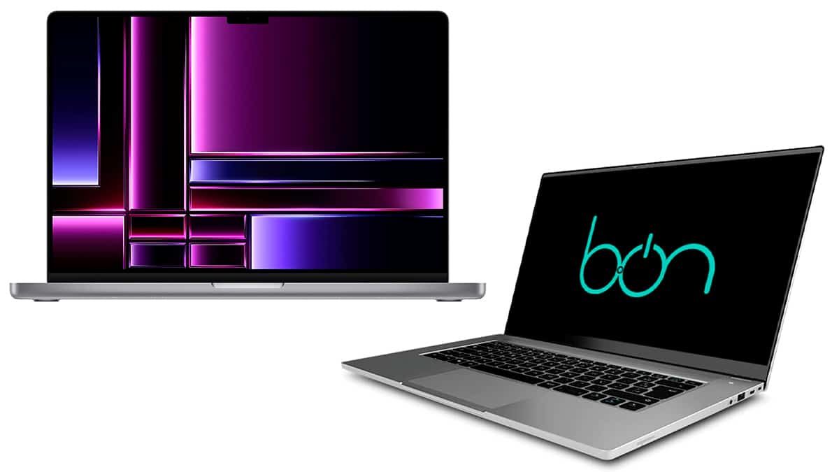 Montagem com MacBook e notebook da Dell