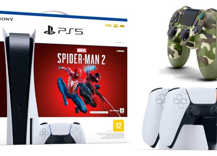 Montagem com PlayStation 5 com jogo do Homem-Aranha, controle do PS4 camuflado e base com dois controles do PS5