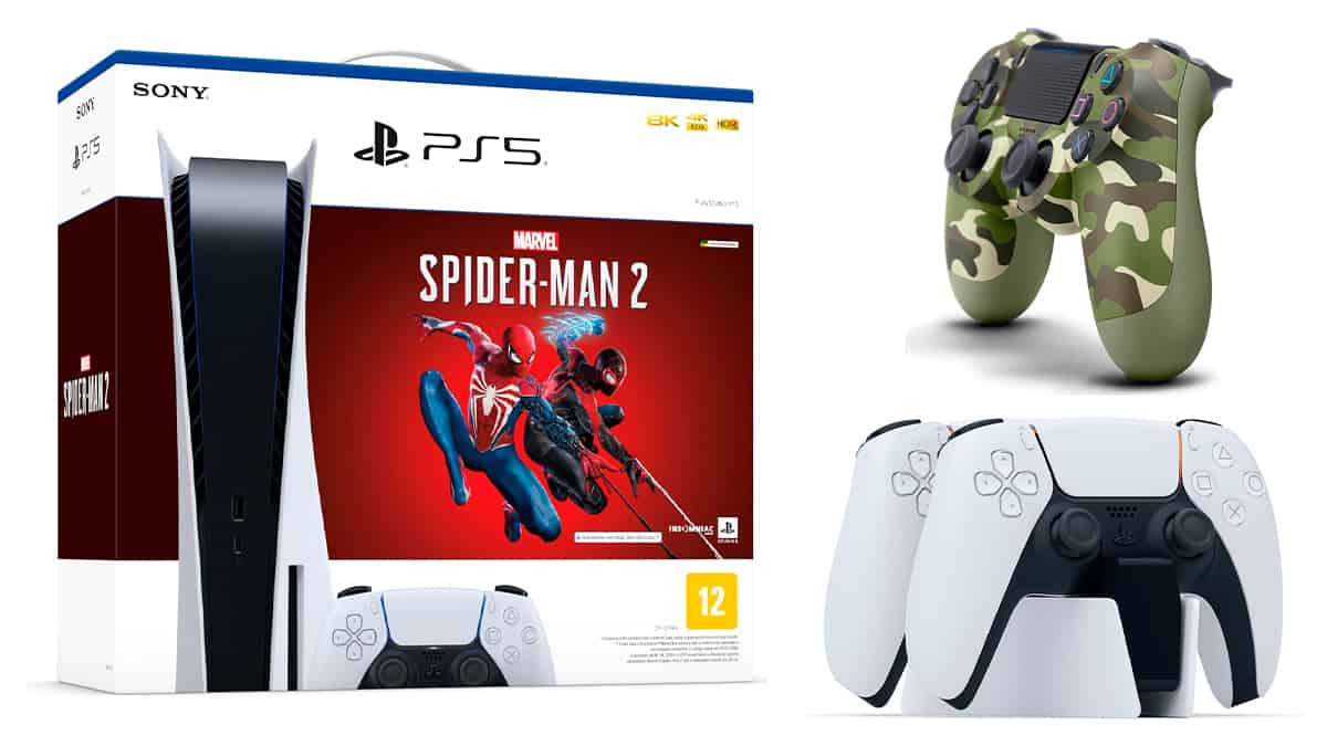 Montagem com PlayStation 5 com jogo do Homem-Aranha, controle do PS4 camuflado e base com dois controles do PS5