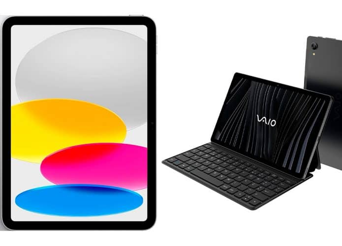 Montagem com tablets da Apple e da Sony Vaio