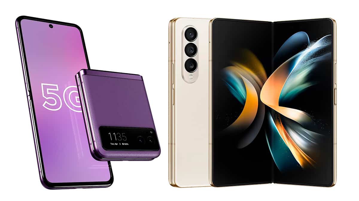 Montagem com celulares dobráveis da Motorola e da Samsung