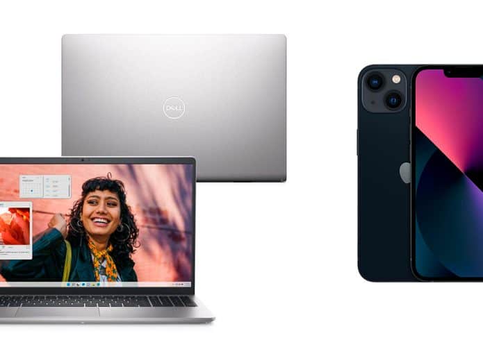Montagem de notebook Dell e iPhone 13 em promoção para Black Friday